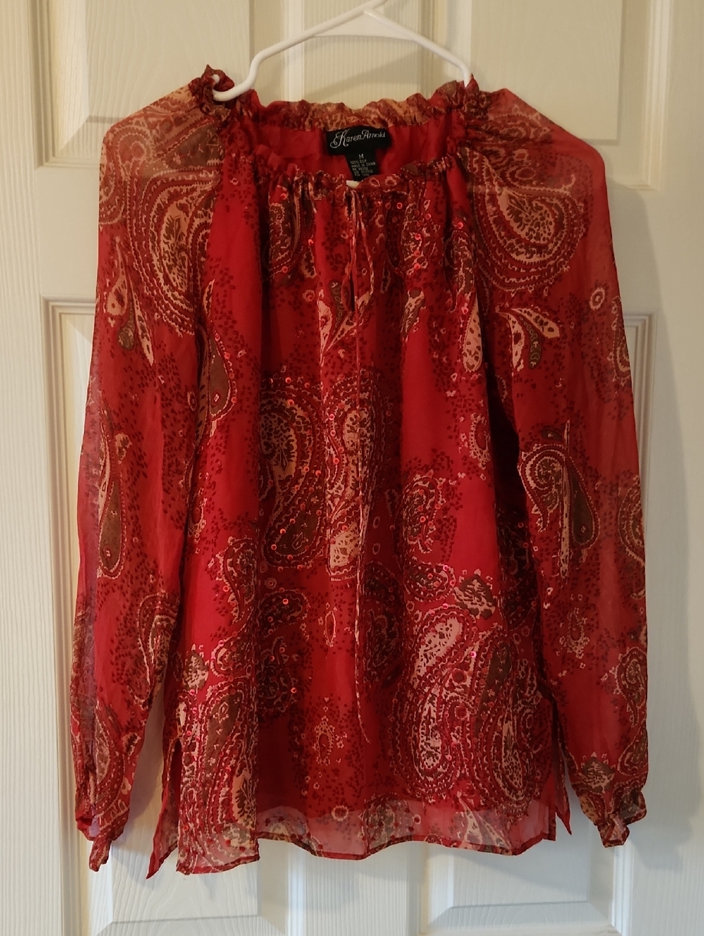 Karen Arnold Ruby Red Paisley Sheer Church Dinner Peasant Blouse Sz M 100% SILK